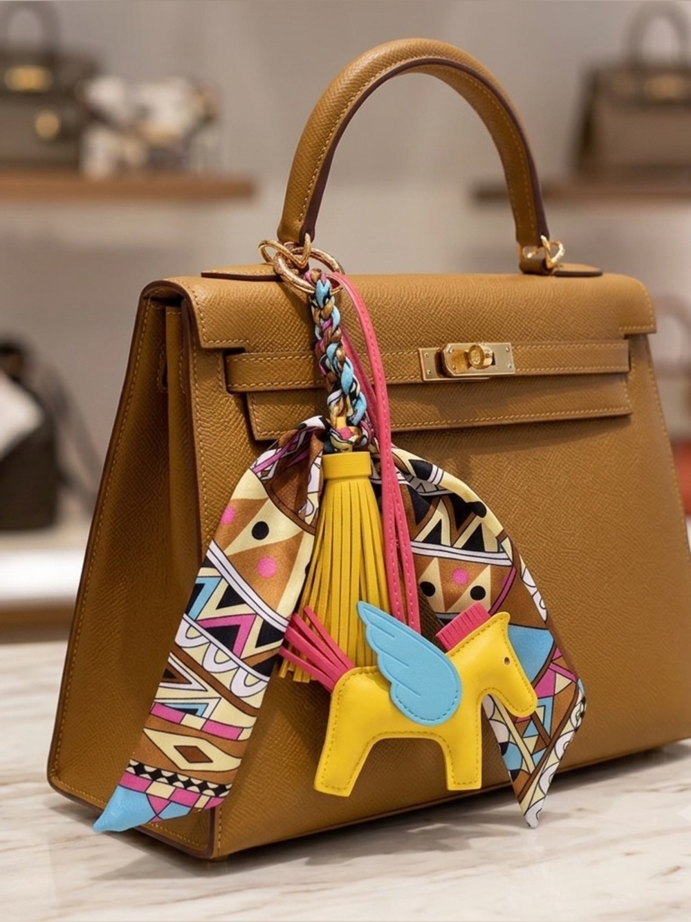 Luxury Pegasus Horse Leather Bag Charm with Twilly-Wrapped-Tassel - Yellow